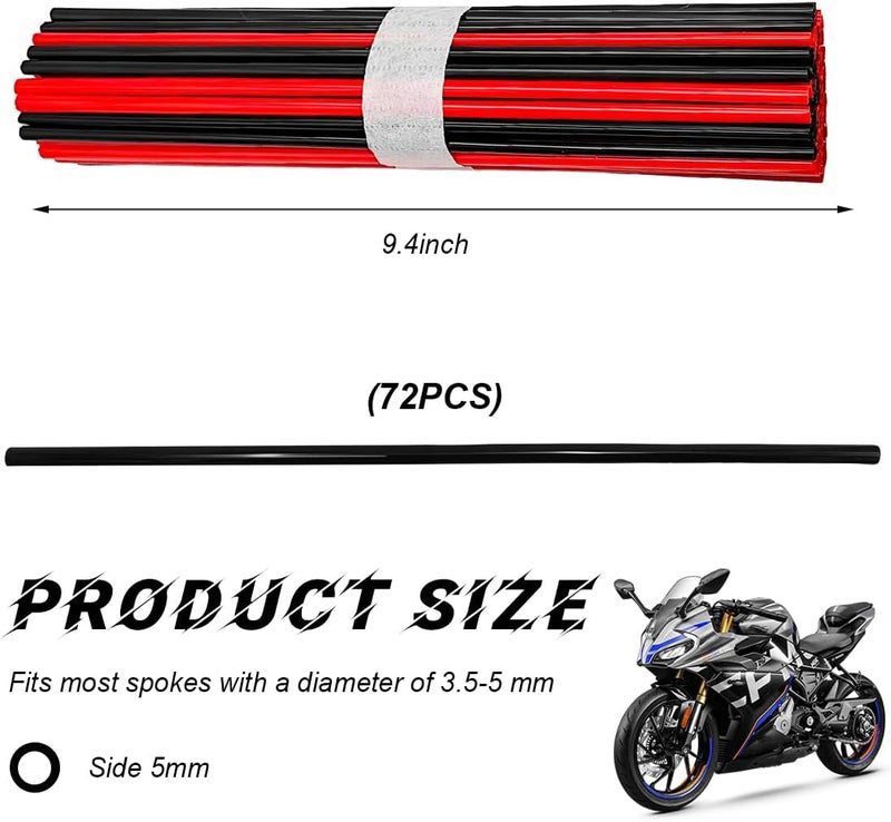 FSTURIOS 72PCS Dirt Bike Spoke Covers, Motorcycle Spoke Skins Wheel Wraps Pipe for 8"-21" Rims, Dustproof Wheelchair Rim Decoration Protector Pipe Trim for Bicycle Dirt Pit Bike (Black+Red) - Image 2